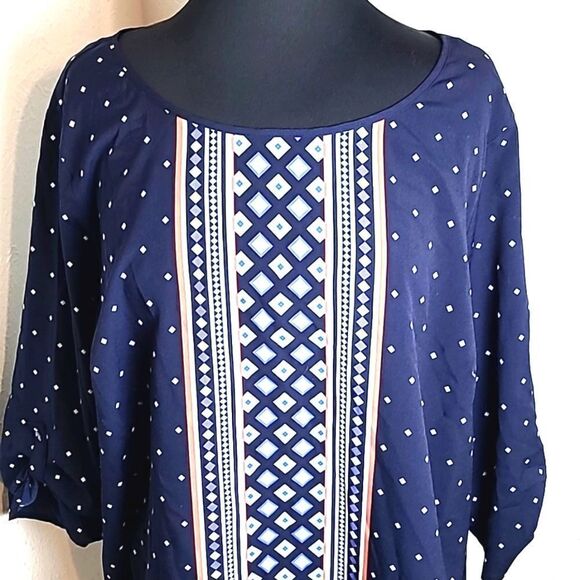 Croft & Barrow Navy Top w/ White Dots & Colorful Designs Down Center, Size 2X - Picture 2 of 7